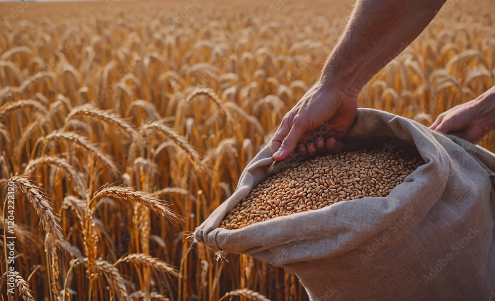 Aufkleber a person is holding a bag of grain in a field. the grain is yellow and the field is full of it