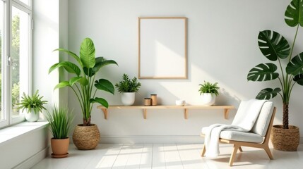 Serene Minimalist Living Room with Natural Light and Greenery Featuring a Wooden Shelf and Comfortable Lounge Chair