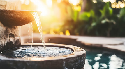 Tranquil sunset garden fountain water feature, poolside relaxation