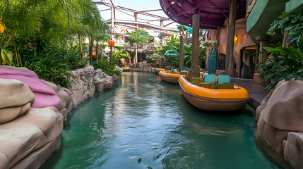 Obraz premium Tropical resort lazy river boat ride, lush landscaping, relaxing vacation