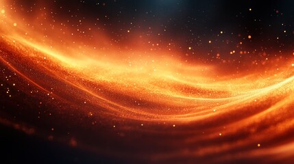 Abstract orange and gold wave pattern with sparkling particles creating a dynamic, glowing effect