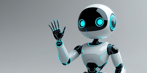 Futuristic Cute Robot with Glossy Design, Glowing Features, Waving Hand, Modern Aesthetic