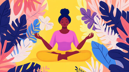 Woman meditating amidst colorful foliage, peaceful serene atmosphere, wellness concept, perfect for mindfulness websites