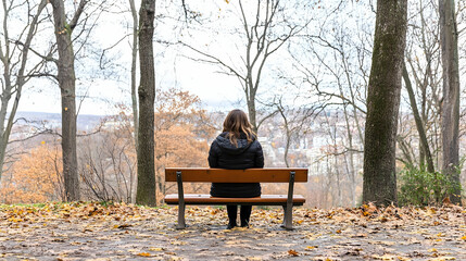 Woman sits on park bench, autumn leaves, city view, contemplation, nature escape