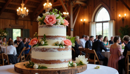 Elegant naked wedding cake adorned with flowers, rustic barn setting