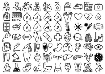 Hand-drawn symbols from the healthcare sector in black lines on a transparent background