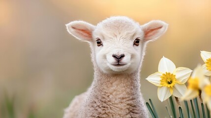 Obraz premium Adorable lamb in spring meadow with daffodils; Easter card