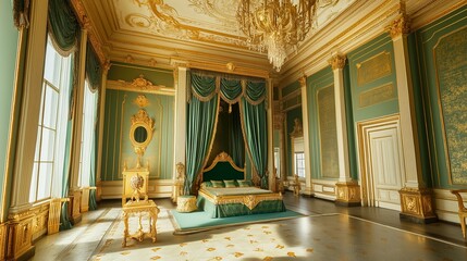 Elegant green palace bedroom interior and luxurious bed in a historic setting