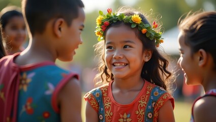 Children participating in friendly competition fostering camaraderie and tradition Smiling Indigenous children participating in a local holiday festival