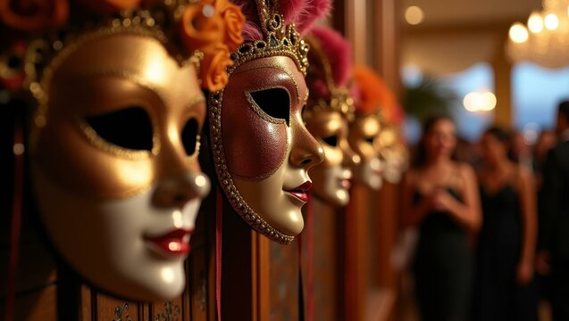 Close-up ornate masks hinting at masquerade theme in corner of venue Smiling diverse group attending an exclusive gala event