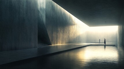 A futuristic architectural rendering of two individuals standing in an expansive concrete space with a pool of water and a large opening to sunlight.
