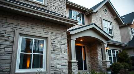 Luxury Home Exterior: Modern Stone and Brick Architecture. Stunning Facade Design, Evening Lighting