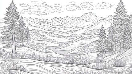 Obraz premium A detailed black and white line drawing of a majestic mountain landscape with tall trees