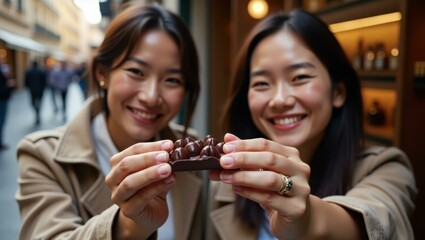Close-up them tasting rich dark chocolates from renowned chocolatier Smiling Asian couple exploring a historic European city