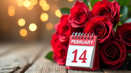 Bouquet of red roses and calendar with February 14, Valentine's Day