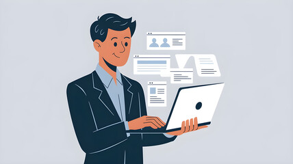 Horizontal banner of young handsome smiling business man holding laptop in hands, typing and browsing web pages, isolated on gray background