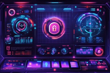 Fototapeta premium Futuristic Cybersecurity Interface with Neon Colors, Digital Lock Symbol, High-Tech Data Visualization and Abstract Patterns, Concept of Data Protection and Security