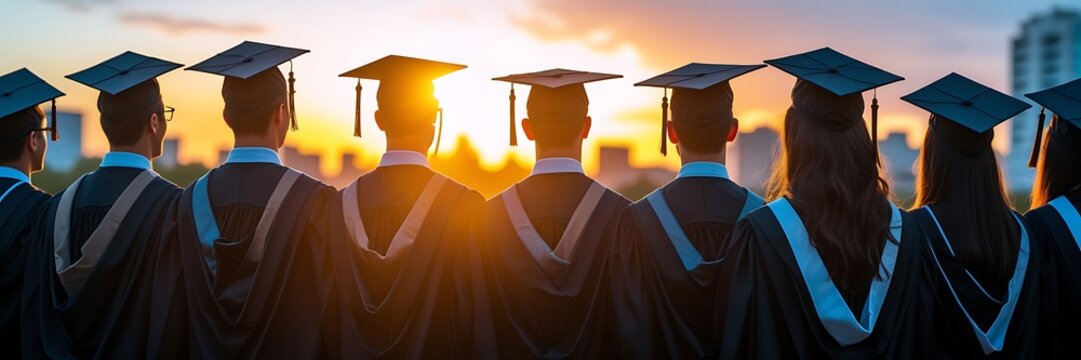 Graduates in black mortarboards and gowns, celebrating achievement, sunset glow, hopeful new beginnings.

