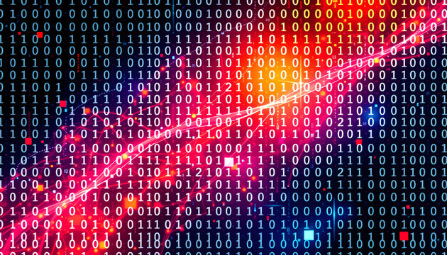 Colorful Binary Code Data Stream with Light Streaks, Technology Background