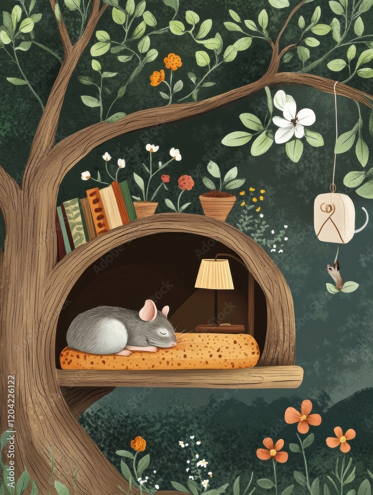 Poster cozy mouse nook nestled in a tree surrounded by flowers and books during a peaceful day. generative 