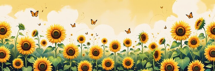 Vibrant sunflower field with blooming flowers, butterflies, bees, and soft dreamy atmosphere.

