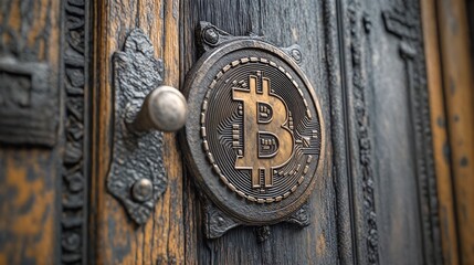 A close-up of an ornate bronze-colored door handle with a bitcoin logo on it.