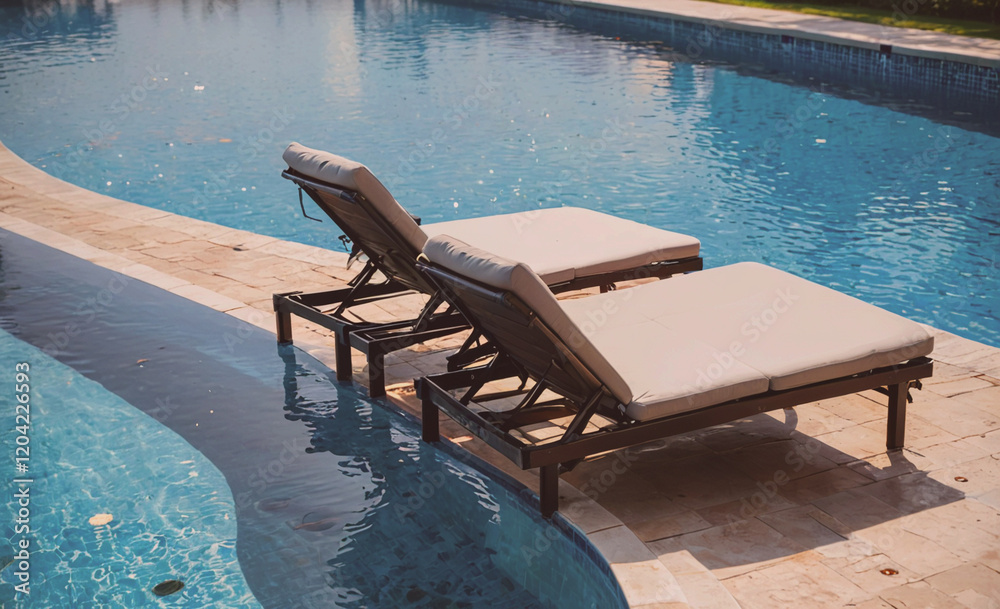 Aufkleber two lounge chairs are sitting in the water at a pool. the chairs are positioned on the edge of the p
