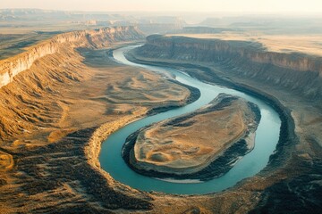 A meandering river carves through a dramatic canyon landscape, showcasing stunning natural beauty and geological formations.