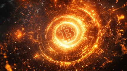 The image is an abstract representation of Bitcoin cryptocurrency, featuring a glowing orange circle with a stylized B symbol at its center.