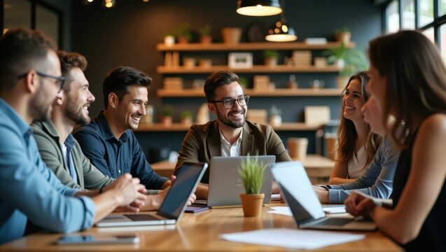 Team gathered around laptop watching user download numbers soar Smiling Asian man launching a tech app with his team