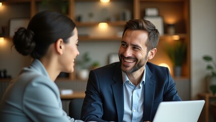 Thoughtful moment as mentee listens eagerly while manager shares career advice Smiling Caucasian manager mentoring a young employee