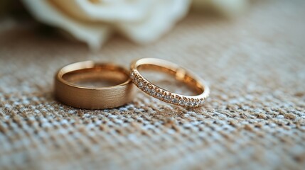 Close-up of Two Elegant Gold Wedding Rings on Rustic Burlap