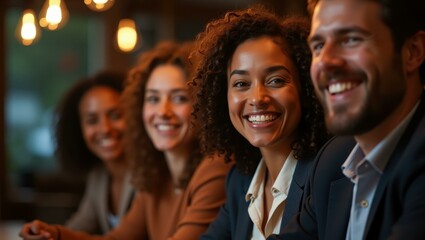 Ambient lighting setting professional tone illuminating entrepreneurâs compelling vision and ideas Smiling diverse team celebrating a project success