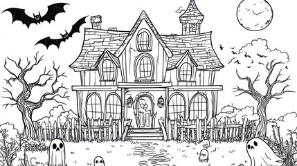 A spooky, black and white Halloween illustration with a haunted house, bats, ghosts and a full moon