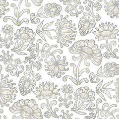 Abstract swirl flowers, paisley floral pattern, grey and white colors. Seamless floral pattern-607.