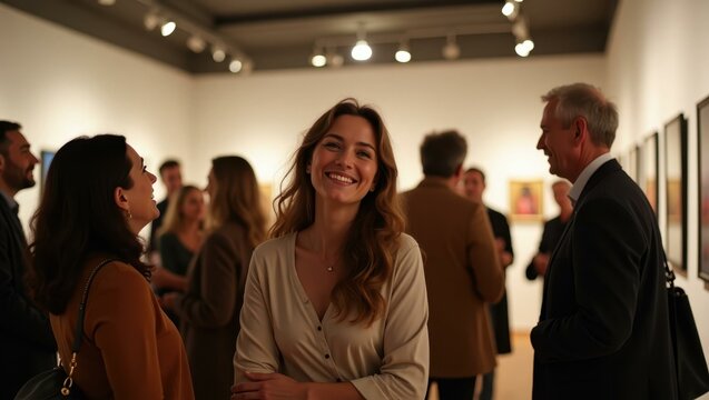 Cheerful chatter and light laughter resonating throughout elegantly lit gallery space Smiling Caucasian artist showcasing work at a gallery opening