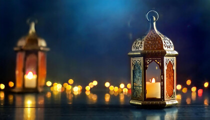 Obraz premium Beautifully Illuminated Mosque with Golden Domes and Minarets Under a Starry Night Sky with Hanging Lights