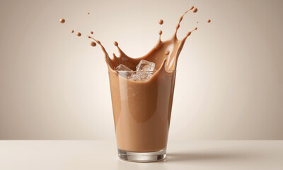 Refreshing mocha mousse iced latte splash in a glass tumbler A creamy splash of iced latte in mocha hues