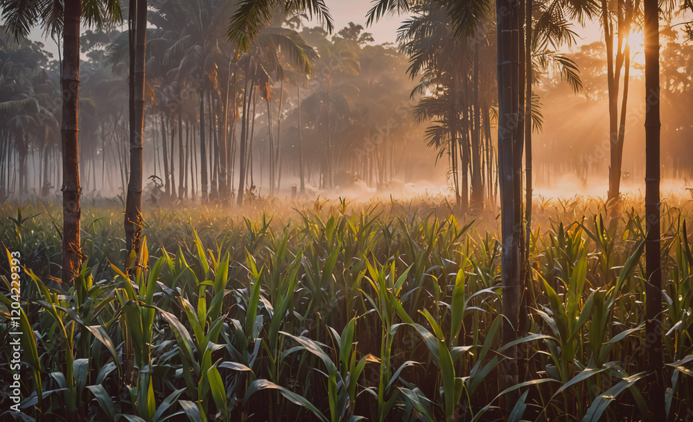 Poster a field of corn is covered in fog. the sun is shining through the trees, casting a warm glow on the 