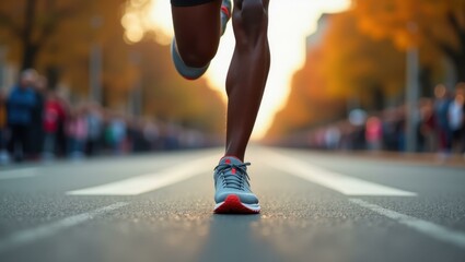 Close-up runner's sneakers hitting pavement capturing decisive final step Smiling Black runner crossing the finish line at a marathon