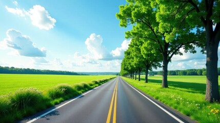 Fototapeta premium Asphalt road stretching towards a vibrant green field under a sunny sky, lined with lush trees, creating a picturesque summer landscape ideal for travel and relaxation