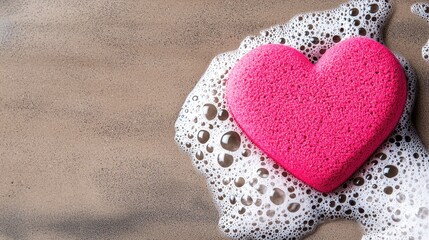 Fototapeta premium Soft Pink Heart Drawn in Sand with Gentle Waves and Foam