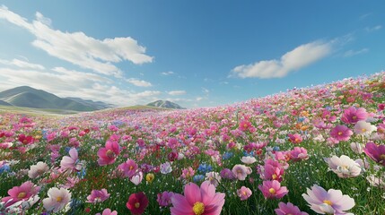 Obraz premium Vibrant Cosmos Flowers Bloom Across Rolling Green Hills