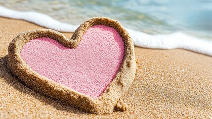 Soft Pink Heart Drawn in Sand by Gentle Ocean Waves