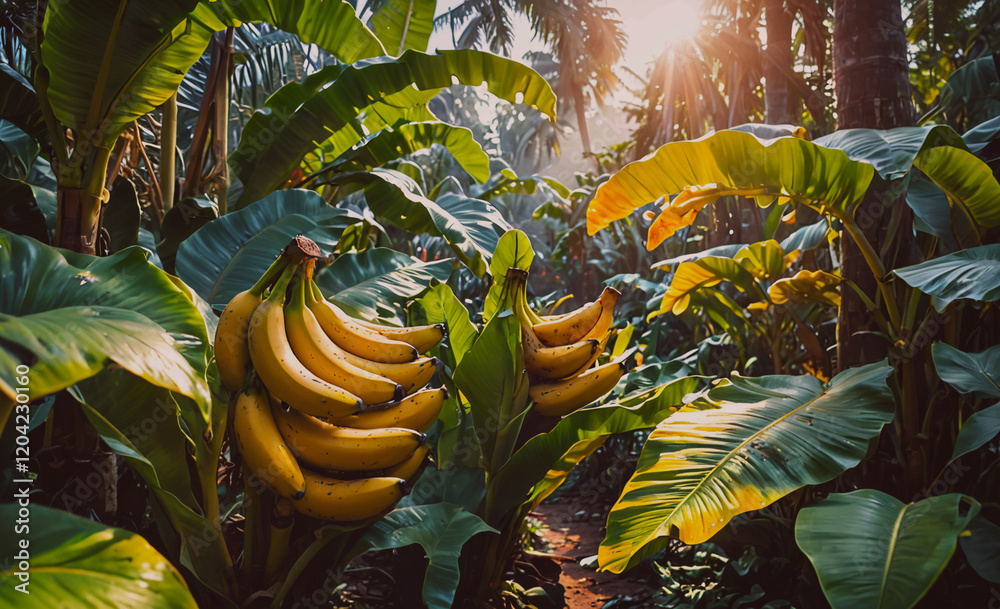 Poster a bunch of bananas are hanging from a tree in a jungle. the bananas are ripe and ready to be picked