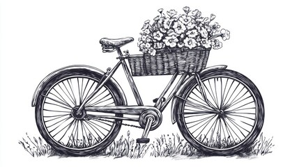 Fototapeta premium Sketch of a vintage bicycle with flowers in a basket, resting on grass