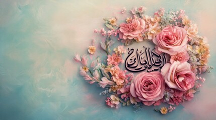 Elegant floral arrangement with Arabic calligraphy on a soft pastel background