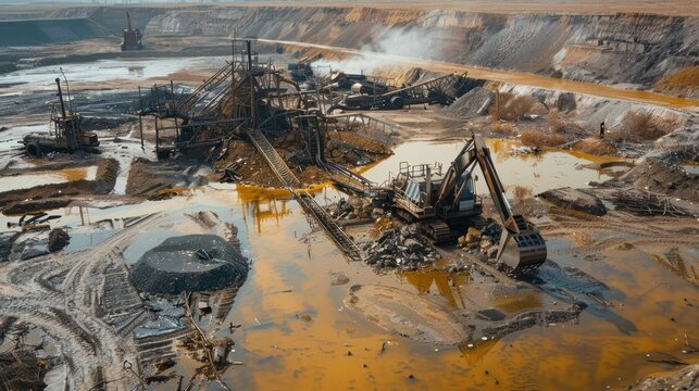 An illegal gold mining site with polluted water, toxic chemicals, barren land, makeshift structures, and large machinery, resulting in environmental ruin.