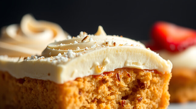 Close-up of a delectable cake, showcasing its creamy frosting and moist texture. A delightful dessert for any occasion.