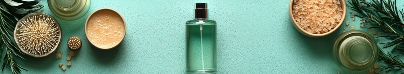 Aromatherapy spa essentials with bath salts, oil, and natural brush on mint green background